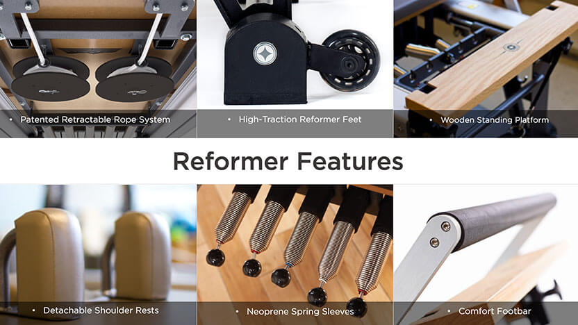 This image shows some of the features that set Merrithew Reformers apart from other brands, including the retractable rope system, Neoprene spring sleeves, and fixed/floating roller system